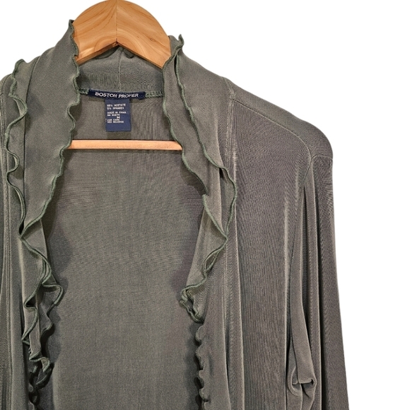Boston Proper Open Front Ruffled Knit Cardigan Womens Green Size Medium Casual - Picture 7 of 10